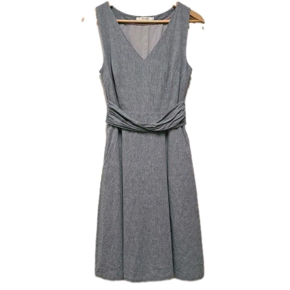Boden Sleeveless Fit Flare Dress Womens 6 Blue Linen Chambray Pockets Coastal